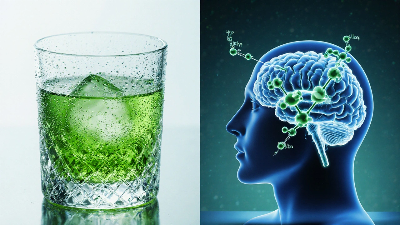 Absint im Glas neben Molekül‑ und Gehirnsilhouette, zeigt Alkohol und Thujon.