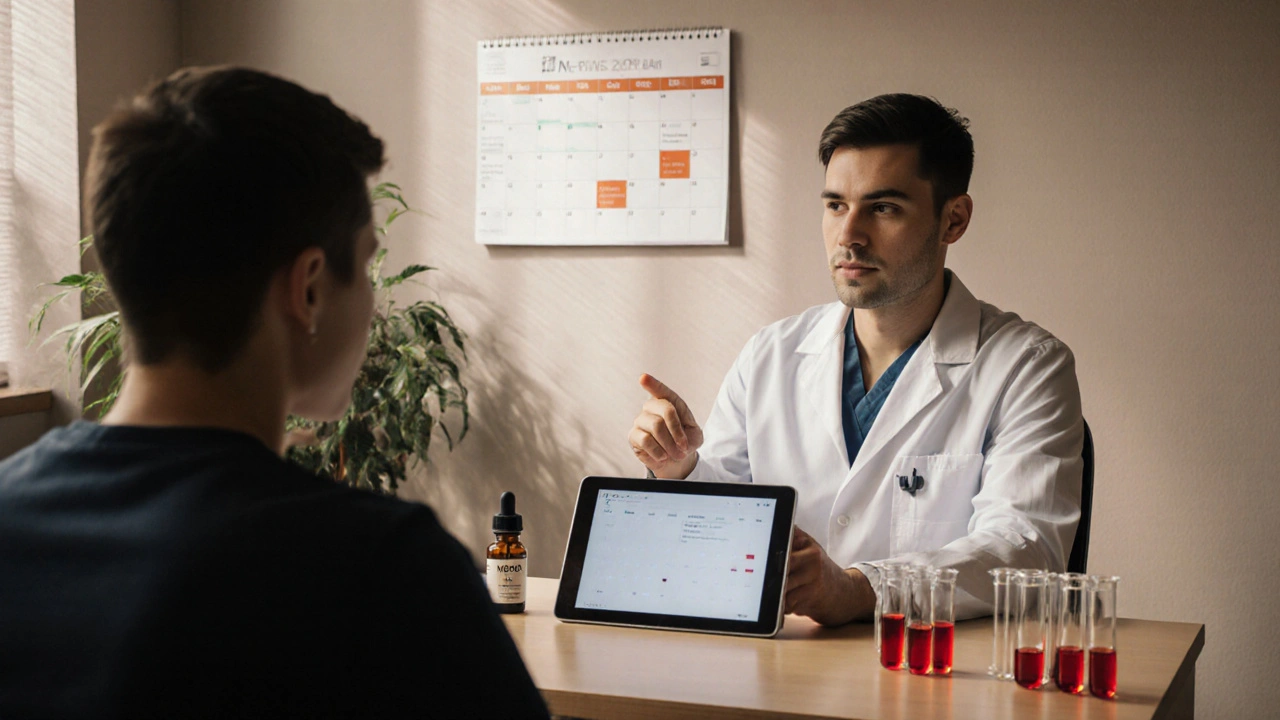 Arzt berät Patienten, Laborproben und Kalender im Hintergrund.