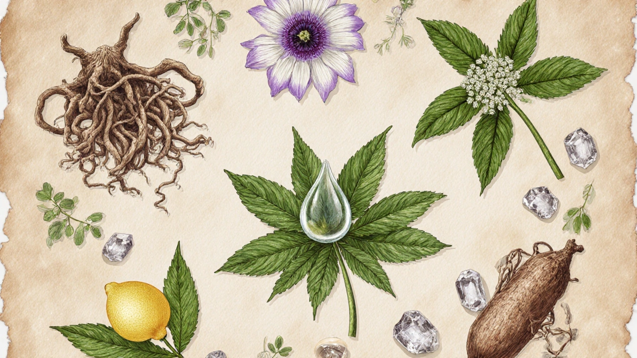 Botanische Darstellung von Baldrian, Passionsblume, Kava, Melisse, CBD‑Öl, Ashwagandha und Magnesium.