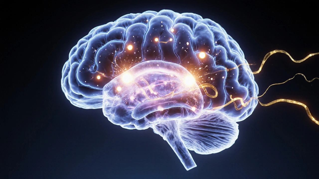 Brain cross‑section showing glowing CB1 receptors and dopamine/serotonin ribbons.