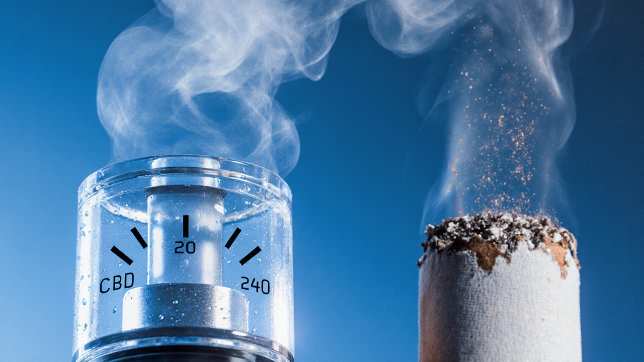 CBD‑Cartridge mit Flüssigkeit bei 240 °C und feinem Dampf, neben brennender Zigarette mit dichter Partikelwolke.