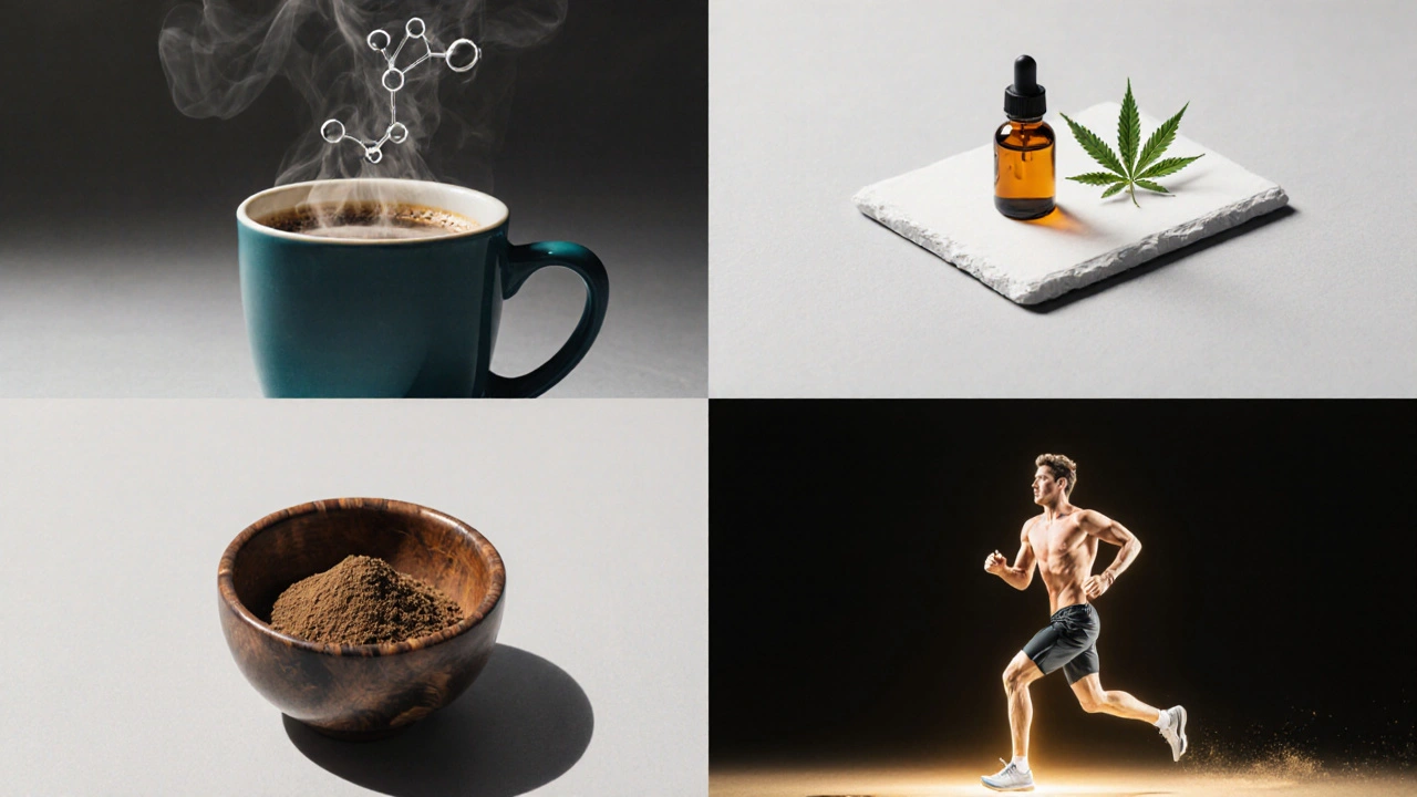 Collage: Espresso, CBD‑Öl, Kava‑Pulver und Läufer mit Endorphin‑Aura.
