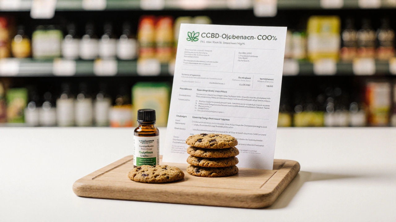 Drei CBD-Cookies mit Laborzertifikat und Ölfläschchen auf Holzplatte.