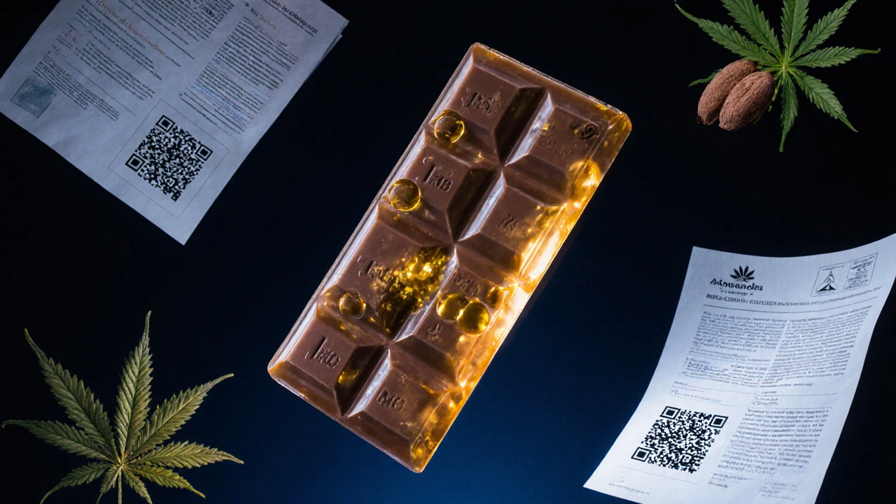 Durchscheinende Schokolade mit goldenen Öltropfen, symbolisierend die THC-Emulsion, in dunklem Hintergrund.