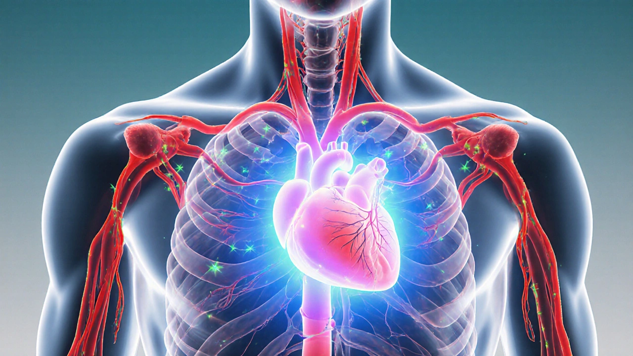 Durchsichtiger Oberkörper mit erweiterten Arterien, beruhigender Aura um das Herz.