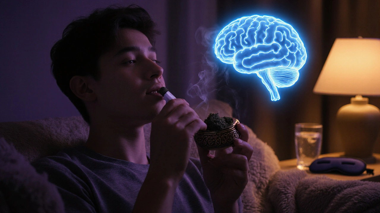 Entspannte Person auf Sofa mit CBD‑Hash, sanftes Abendlicht und beruhigender Atmosphäre.