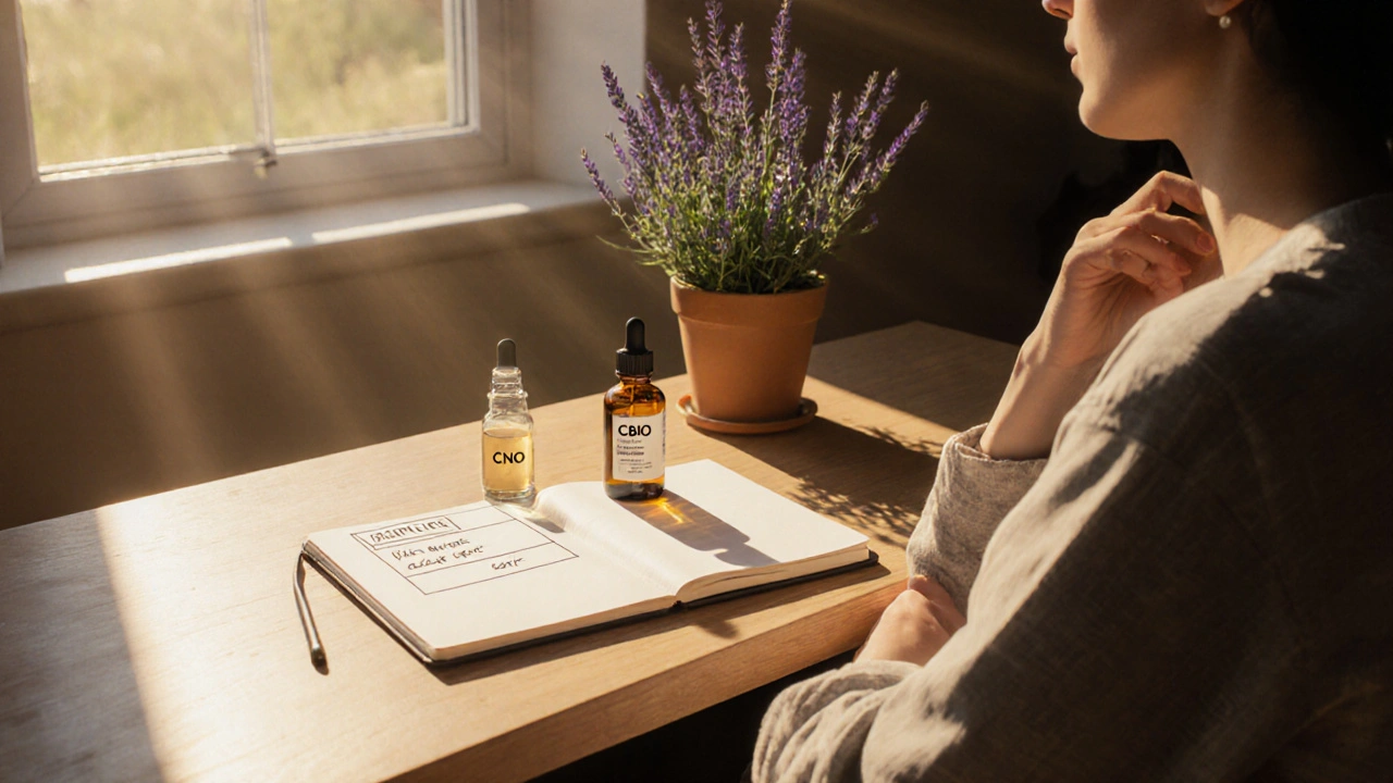 Entspannte Person mit CBD‑Öl, CBNO‑Fläschchen und Notizbuch im Sonnenlicht.