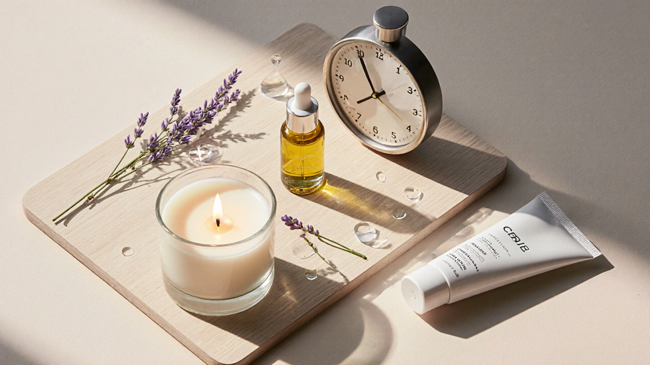 Flacher Still‑Life‑Aufbau mit Kerze, CBD‑Lotion, CBD‑Öl und einer Uhr, die Anwendungszeiten symbolisiert.