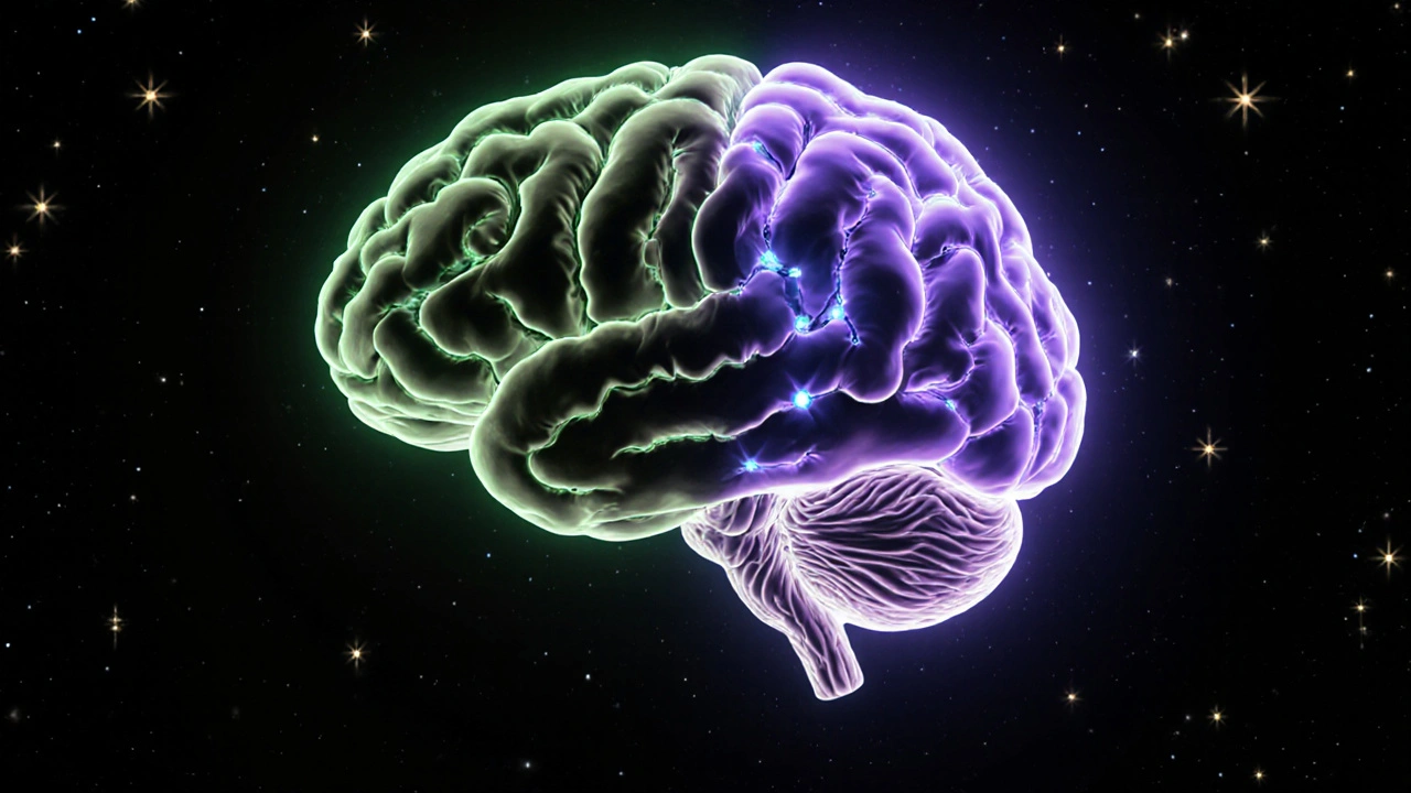 Gehirn mit zwei unterschiedlichen Lichtwegen: CBD als beruhigendes Grün, HHC als pulsierendes Violett.