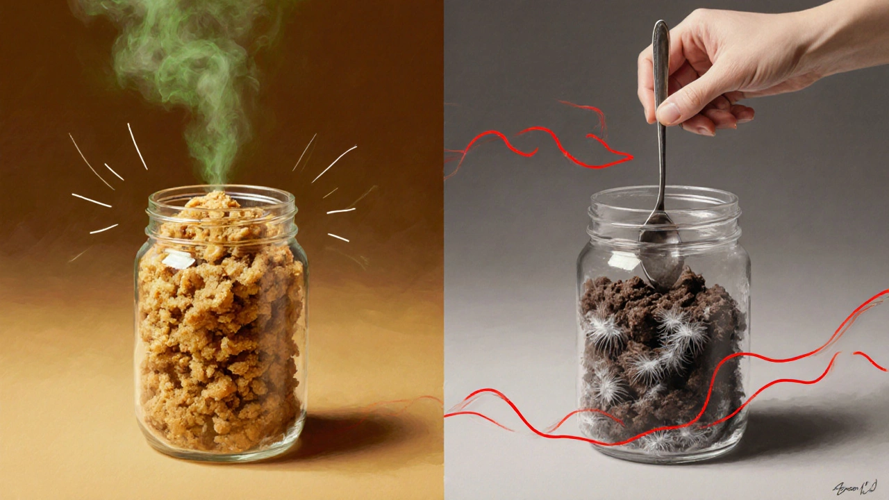 Geteiltes Bild: frisches, helles Crumble neben dunklem, schimmeligem Crumble.