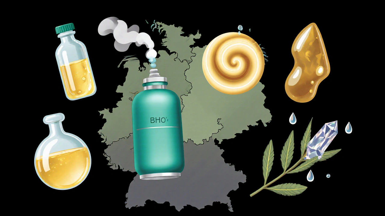 Illustration von Symbolen für Cannabis‑Öl‑Slang wie Vial, Butan‑Dose und Goldflüssigkeit.