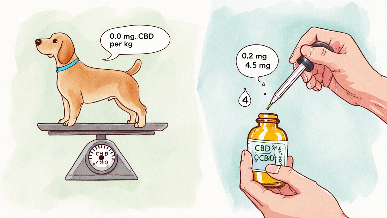 Illustration zeigt Wie‑wie‑Berechnung: 10 kg‑Hund, 5 %‑CBD‑Öl, vier Tropfen.