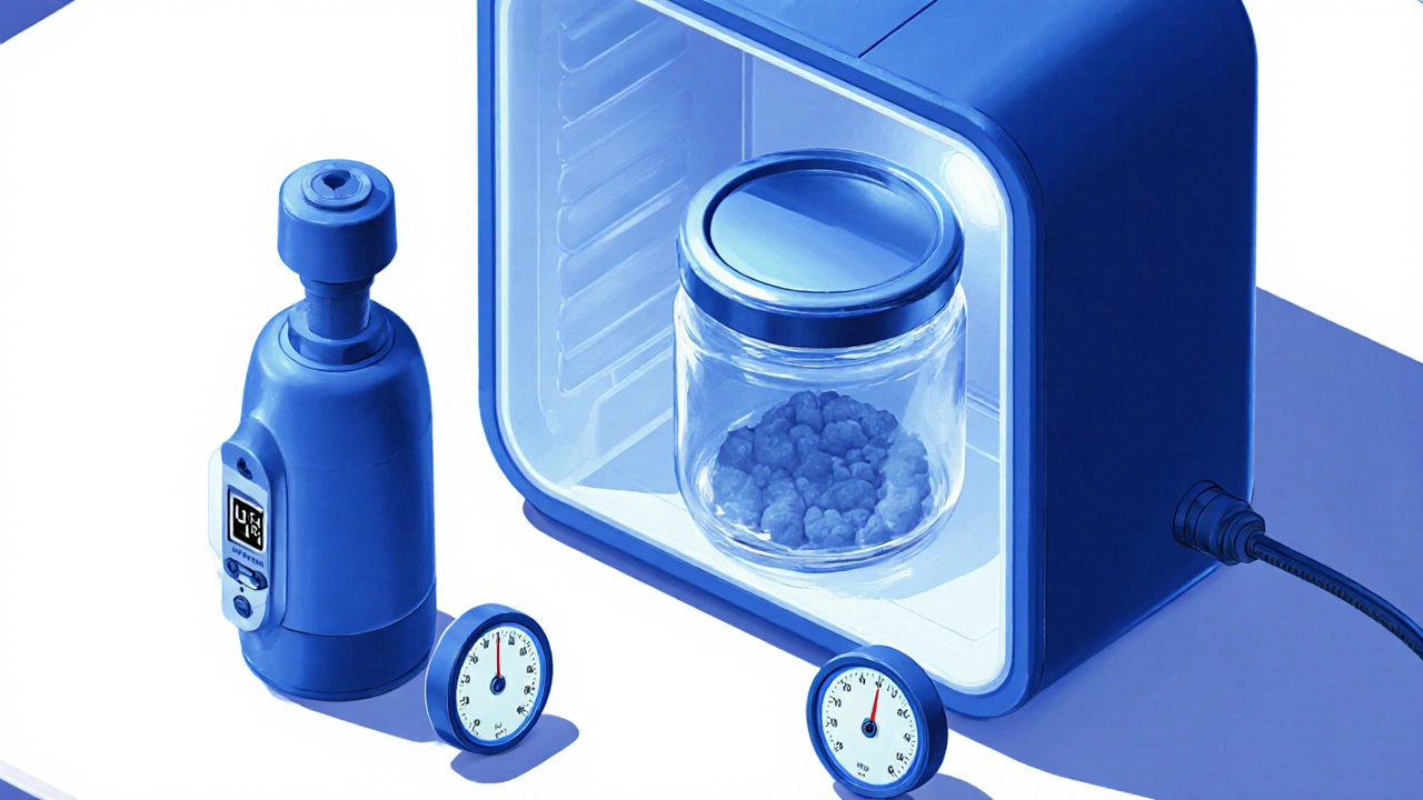 Isometrische Darstellung von Wax Crumble im Glasbehälter im Kühlschrank mit Vakuumierer und Hygrometer.