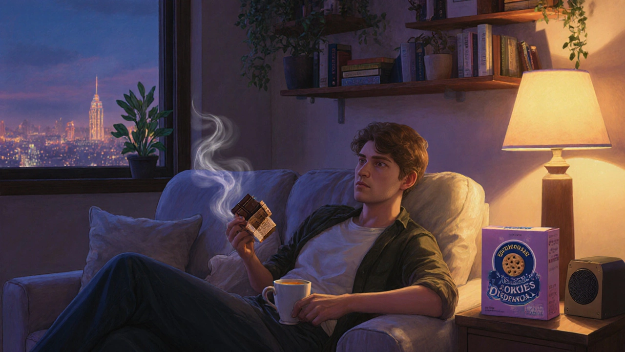 Jemand entspannt in einem gemütlichen Wohnzimmer mit Schokolade und Tee bei Abendlicht.