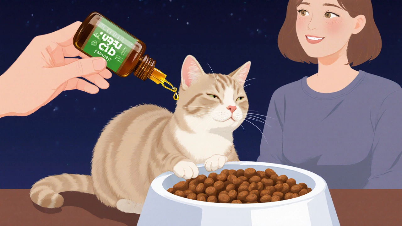 Katze sitzt ruhig beim Essen, ein einzelner Tropfen CBD‑Öl fällt ins Futter.