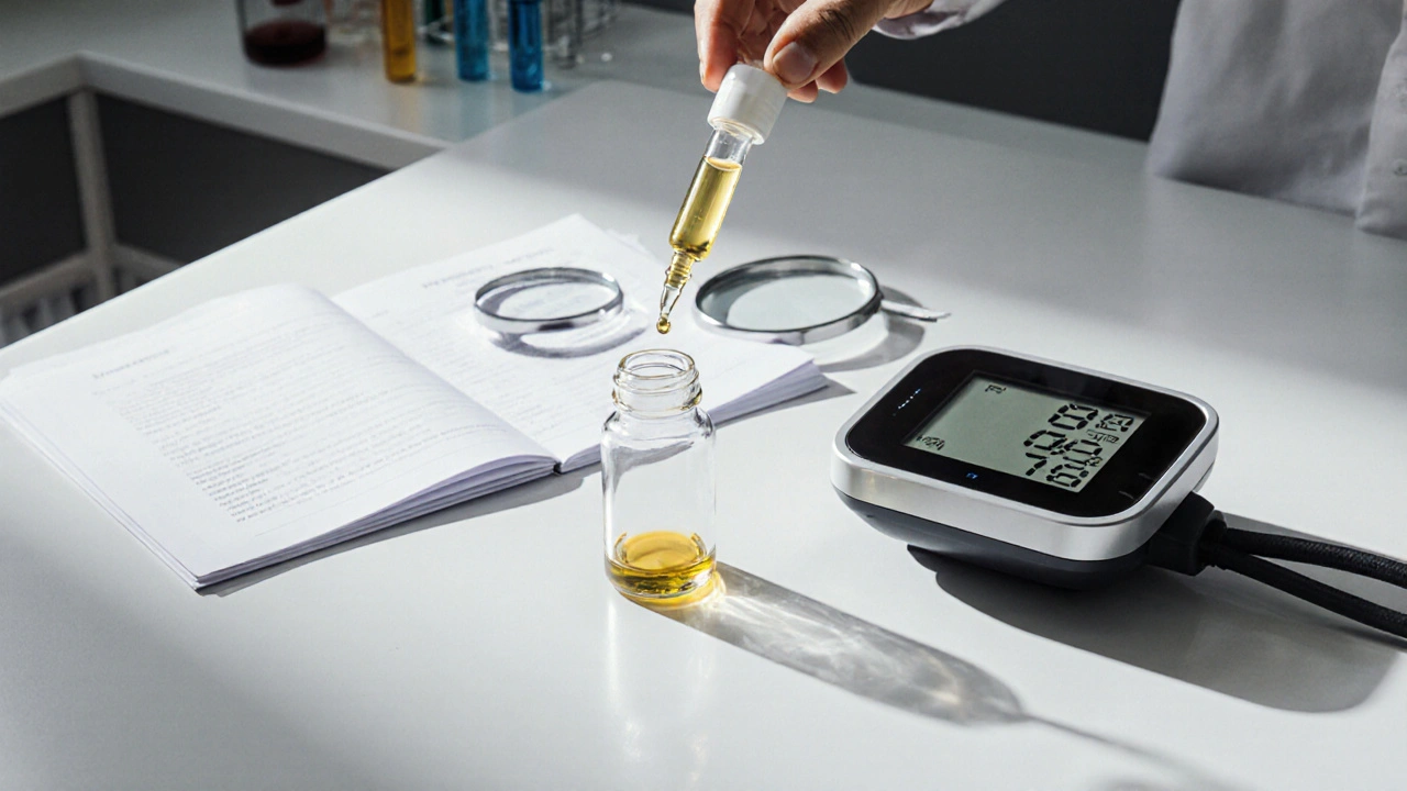Küchentisch mit CBD‑Dropper, Blutdruckmessgerät und Laborbericht.