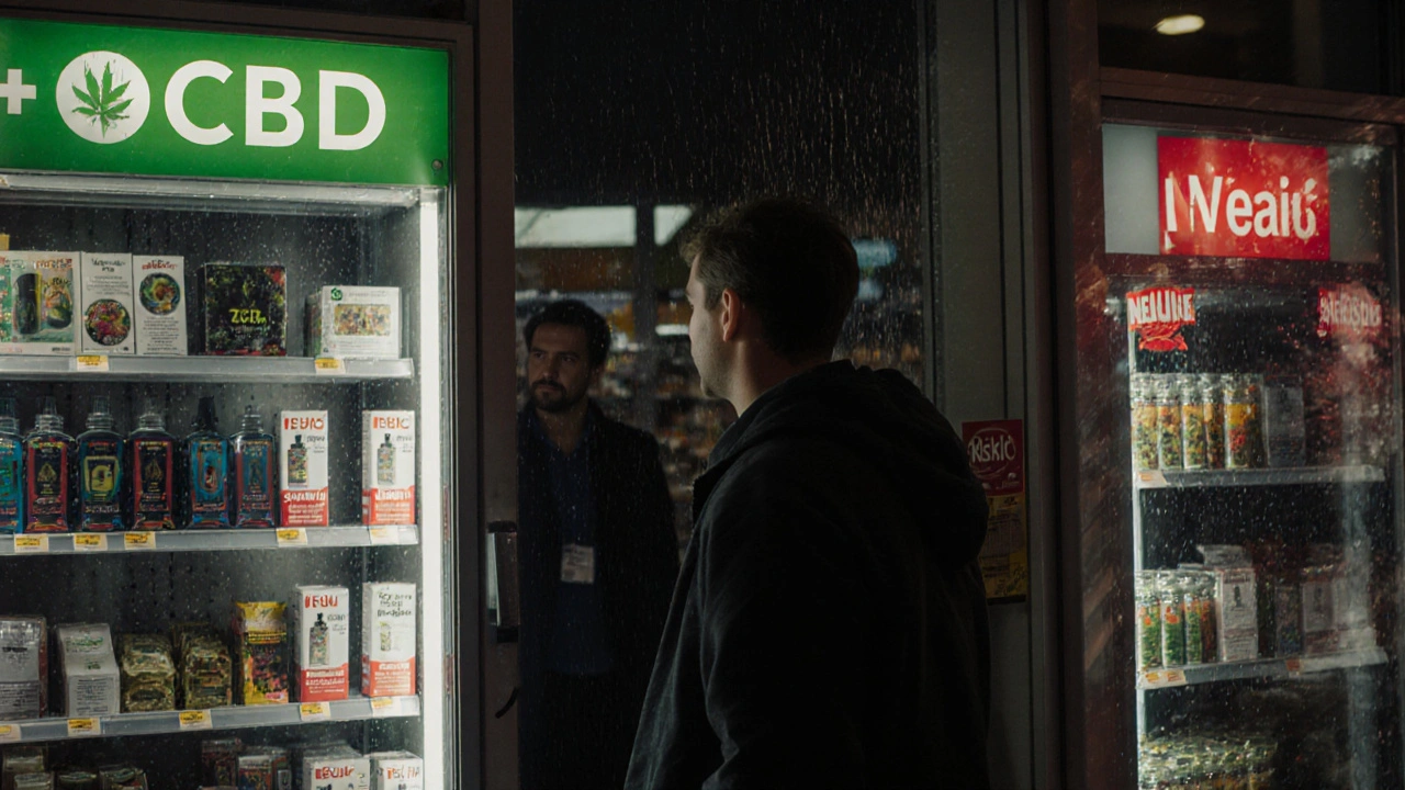 Kunde in einem deutschen Laden, der zwischen legalen CBD- und riskanten HHC-Produkten zögert.