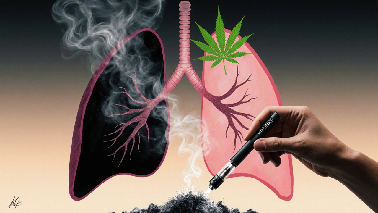 Lungenhälfte mit Rauch, andere Hälfte klar, Hand wirft Zigarette weg und hält CBD‑Vape.