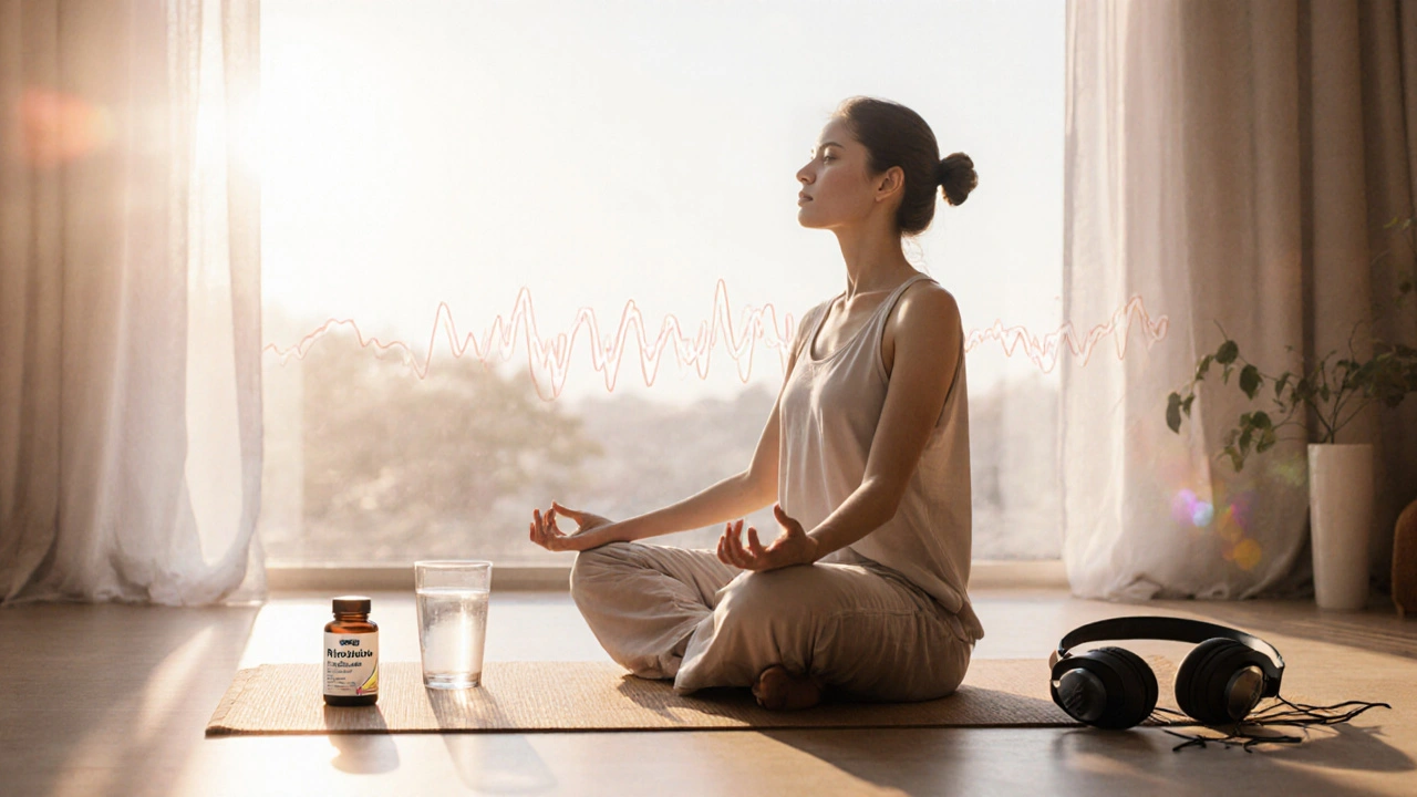 Morgendliche Yoga‑Szene mit Rhodiola, Wasser, Kopfhörern und sanftem Sonnenaufgang.
