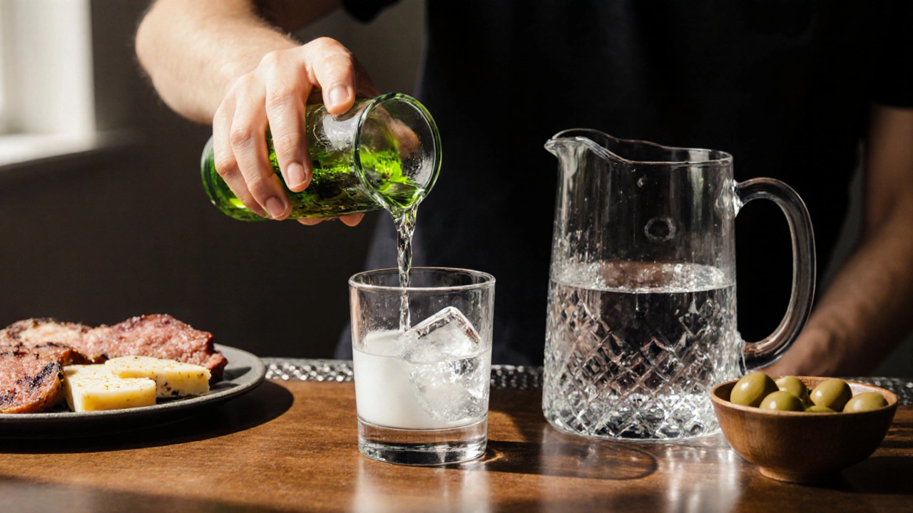 Person gießt Wasser und Eis zu Absint, daneben Wasser, Essen für moderaten Genuss.