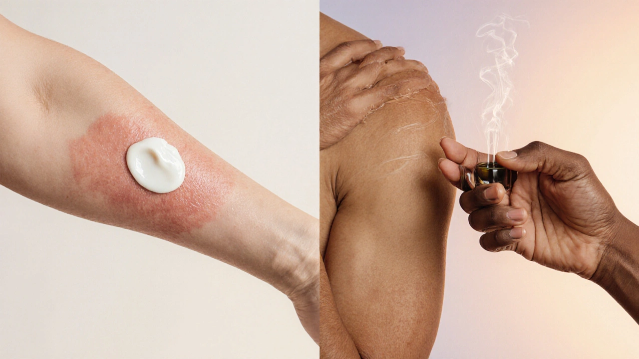 Person massiert trockene Ellenbogenhaut mit CBD‑Lotion, während andere Hand erwärmtes CBD‑Öl auf die Schulter aufträgt.