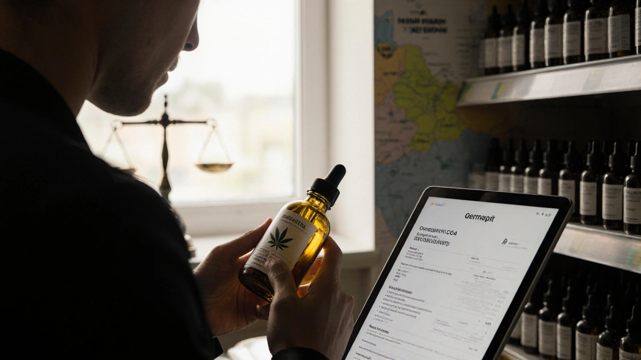 Person prüft Cannabis‑Öl‑Flasche und Labor‑COA im Laden, dezente Rechts‑Symbole.