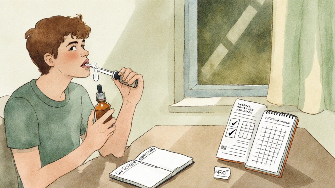 Person using HHC oil dropper at a kitchen table with dosage notebook and daylight.