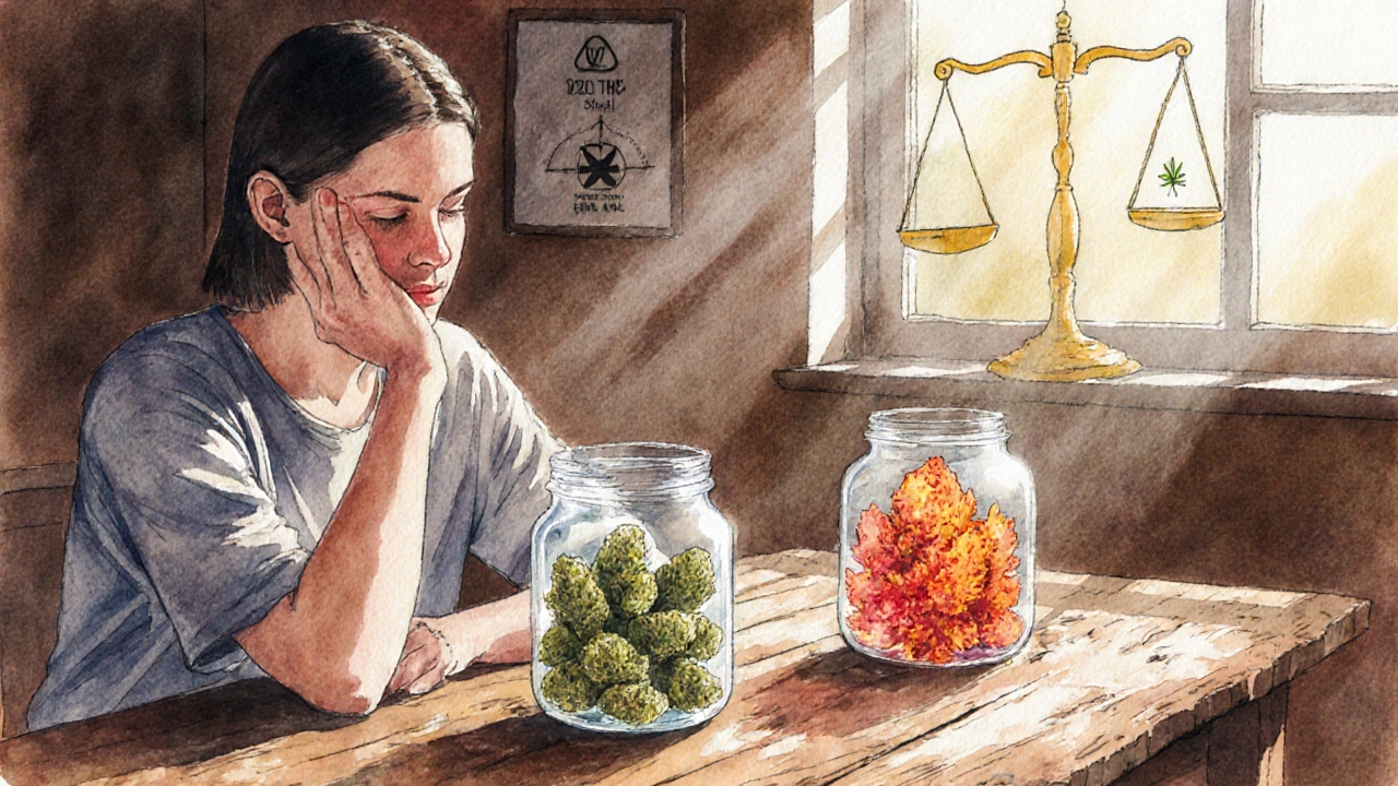 Person wählt zwischen Glasbehältern mit CBD‑ und Sativa‑Blüten, rechts Rechts.
