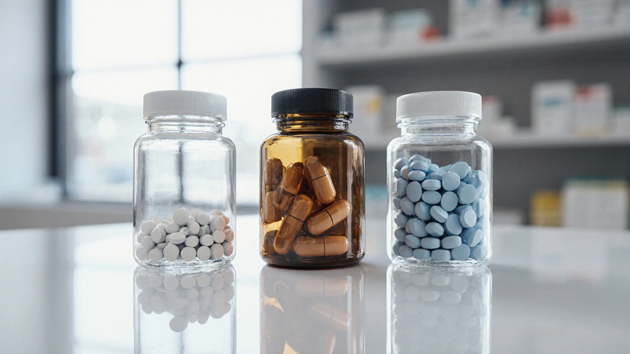 Pharmazeutische Theke mit drei unterschiedlichen Pillenflaschen.