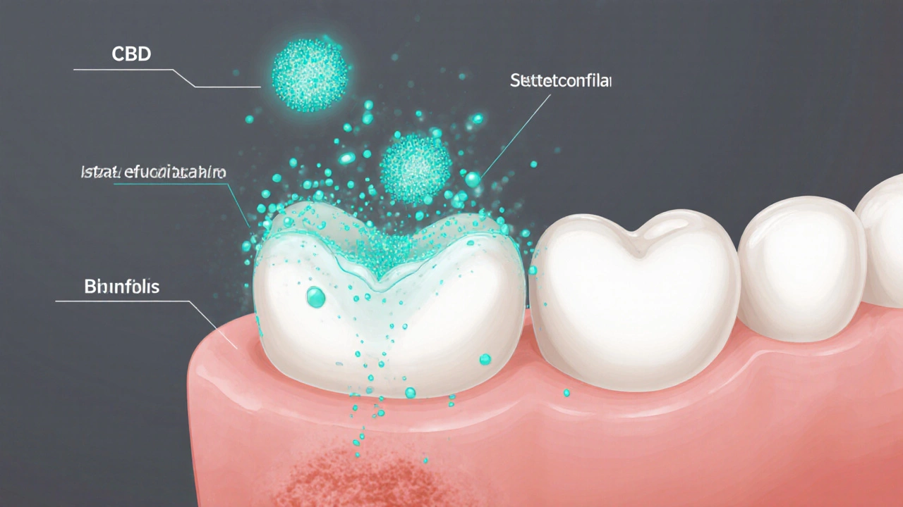 Querschnitt eines Zahns, CBD‑Moleküle bekämpfen Bakterien‑Biofilm im Zahnfleisch.