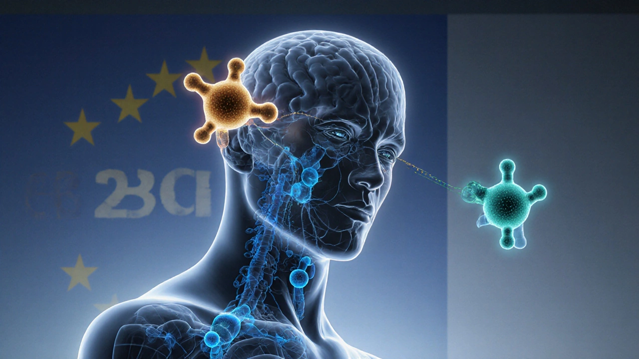 THC‑ und CBD‑Moleküle verbinden sich mit menschlichen CB1‑ und CB2‑Rezeptoren, EU‑Farben im Hintergrund.