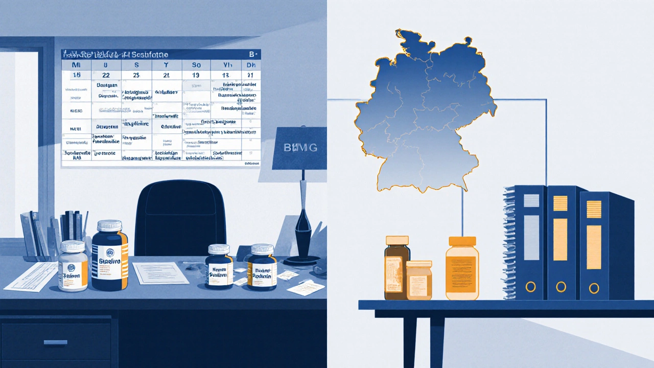 USA‑DEA‑Büro und deutsches Gesundheitsamt, jeweils mit Stapeln von Medikamentenfläschchen.