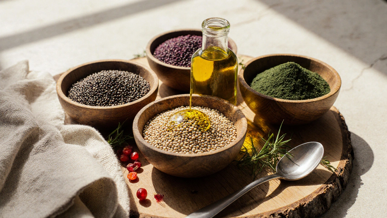 Vier Schalen mit Hanf‑, Chia‑, Spirulina‑ und Goji‑Lebensmitteln, Hemp‑Öl tropft auf die Hanfsamen.