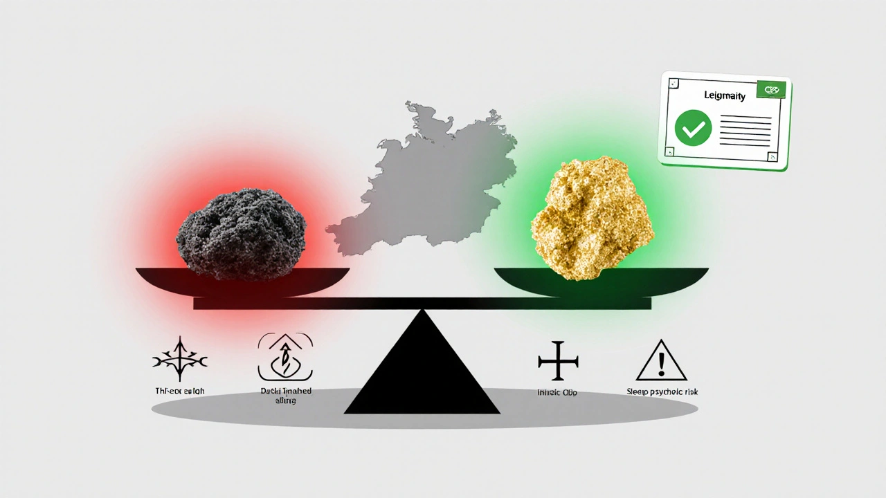 Waage, die CBD‑Hash gegenüber THC‑Hash zeigt, mit Symbolen für Angst, Schlaf und Psychose.