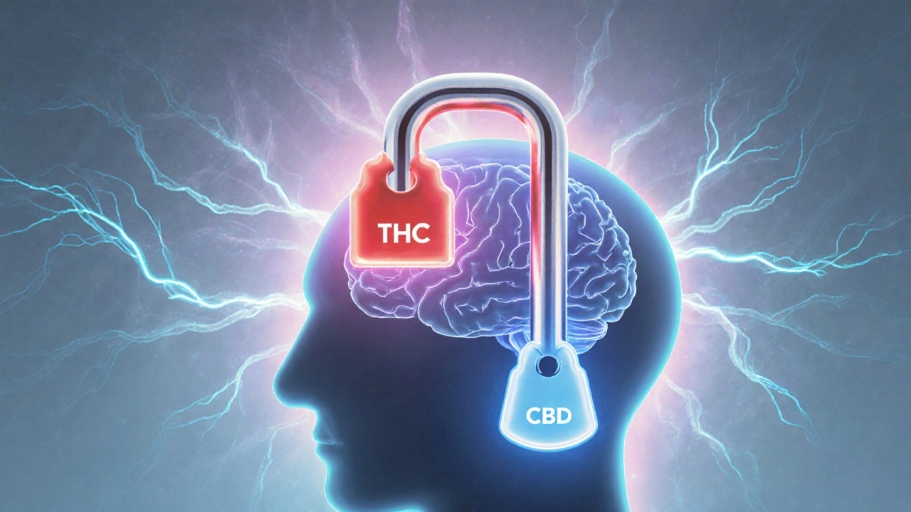 Zwei Schlüssel: THC passt in ein Gehirnschloss, CBD wirkt sanft daneben.