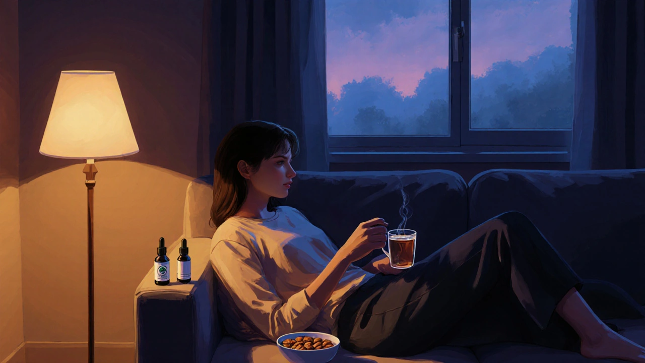 Abendliche Ruhepause mit CBD-Öl und Mandeln in warmem Licht, entspannte Atmosphäre.