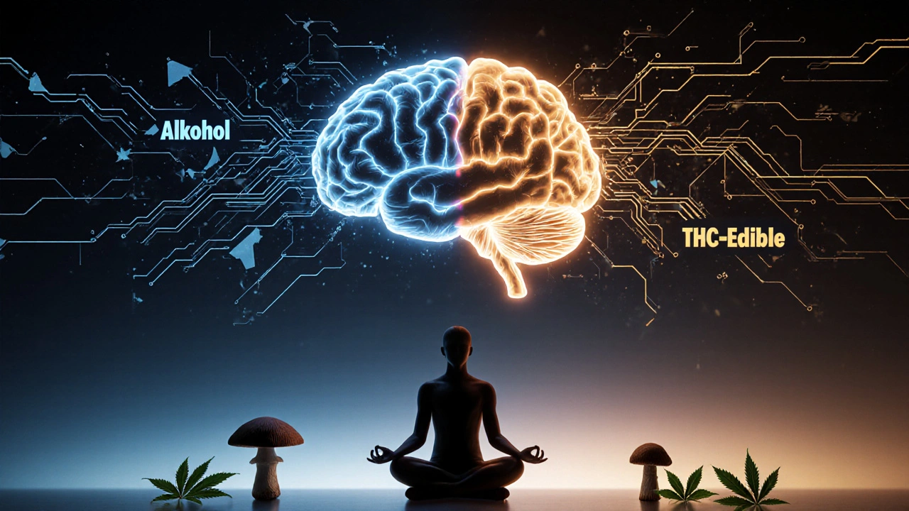 Abstrakte Darstellung des Gehirns: Alkohol im kalten Blau, THC in warmem Gold mit pflanzlichen Symbolen.