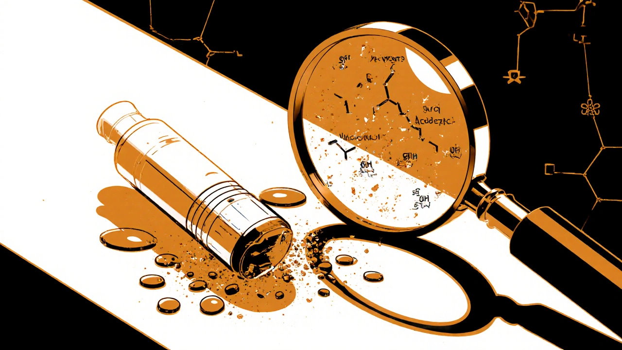 Aufgebrochene CBD-Kartusche mit unbekannten Chemikalien, die auf einem Labortisch auströmen.