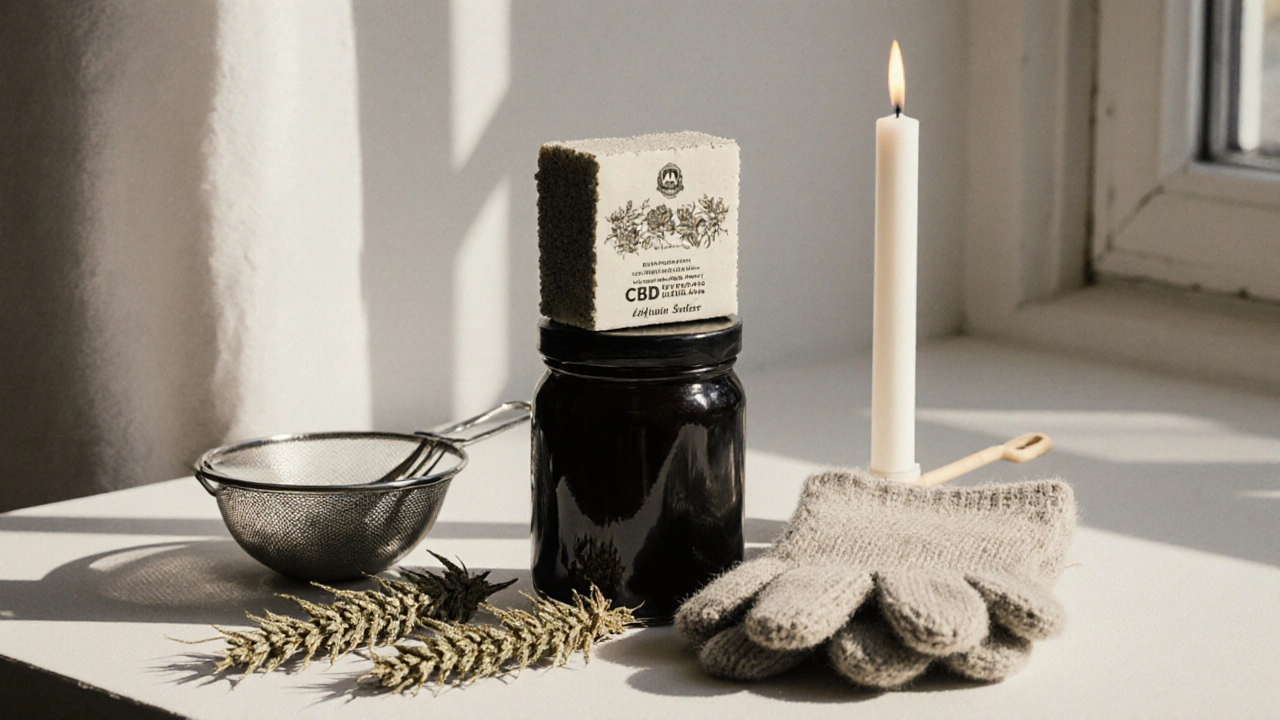 CBD-Hanf-Hash block in Glasgefäß mit Sieb und getrockneten Blüten, ruhige, minimalistische Szene.