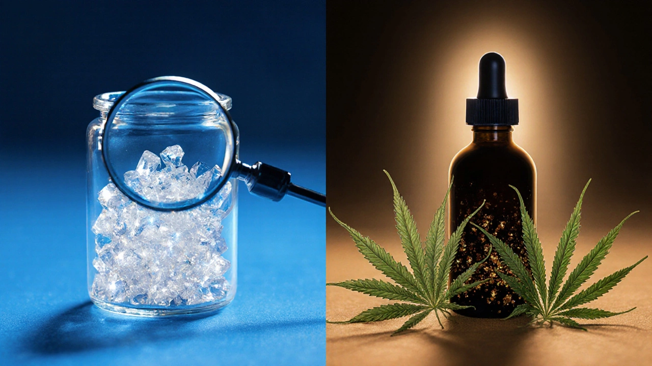 CBD-Kristalle und Vollspektrum-Öl nebeneinander, umgeben von Hanfblättern und Lichteffekten.