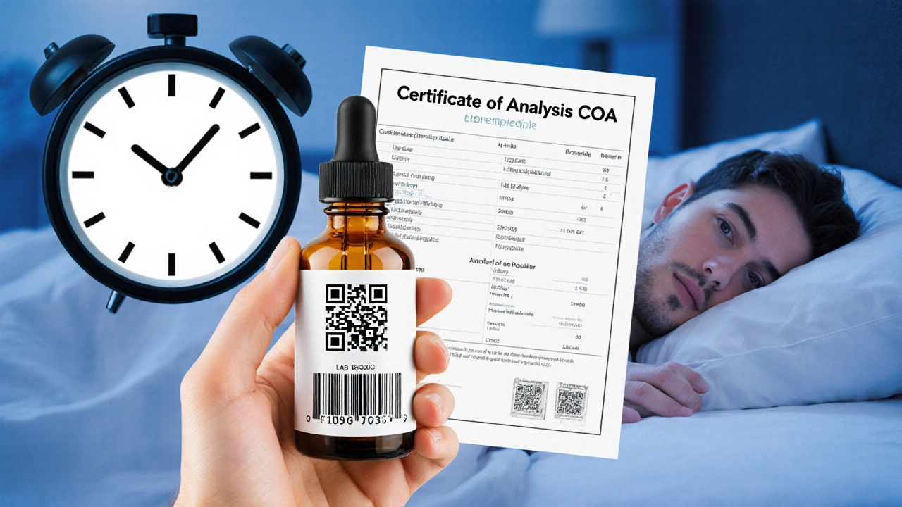 CBD-Ölflasche mit QR-Code und Laborzertifikat, neben einer ruhig schlafenden Person.