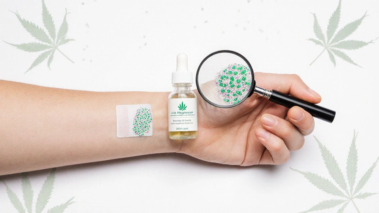 Dermatologe hält CBD-Serum und Patch-Test-Bandage, mit mikroskopischem Blick auf Hautzellen.