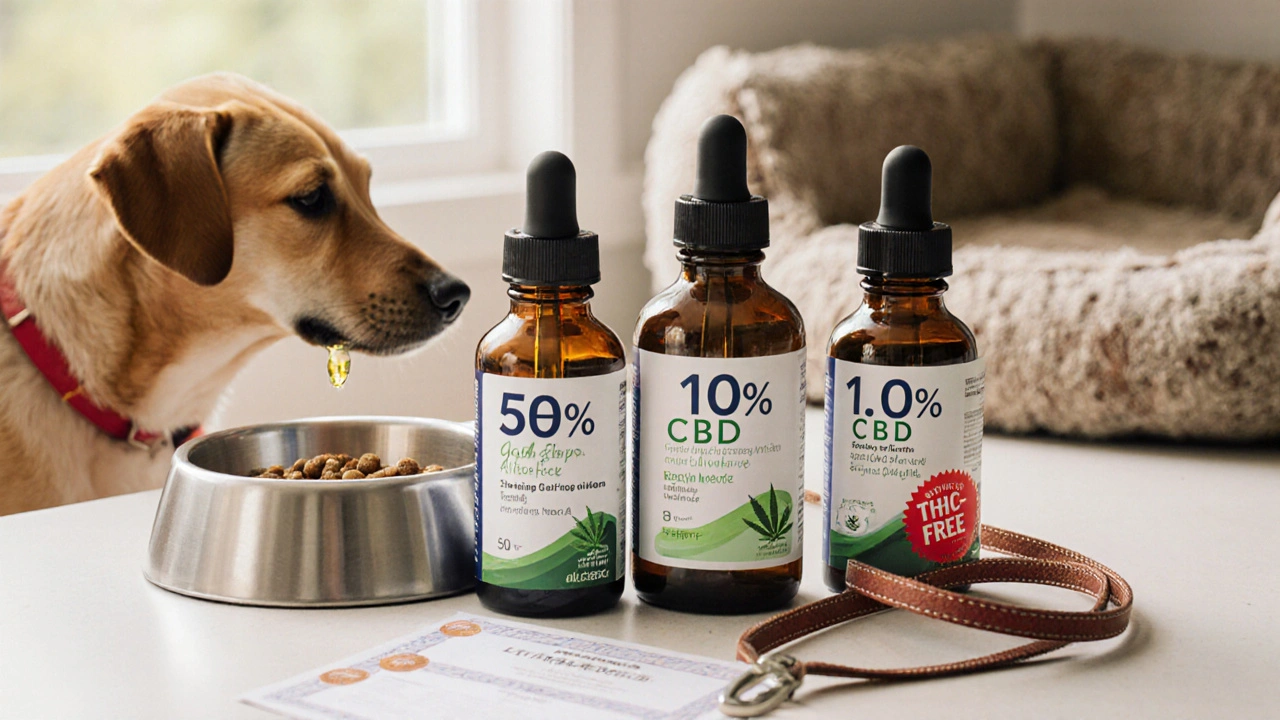 Drei CBD-Öl-Flaschen mit unterschiedlichen Konzentrationen und einem Zertifikat auf einer Küchenbank.