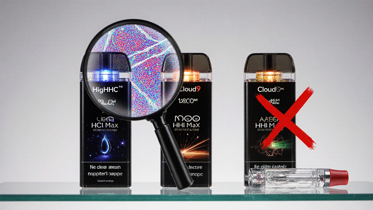 Drei HHC-Geräte im Vergleich, mit molekularen Bindungen und Warnsymbol für minderwertiges Produkt.