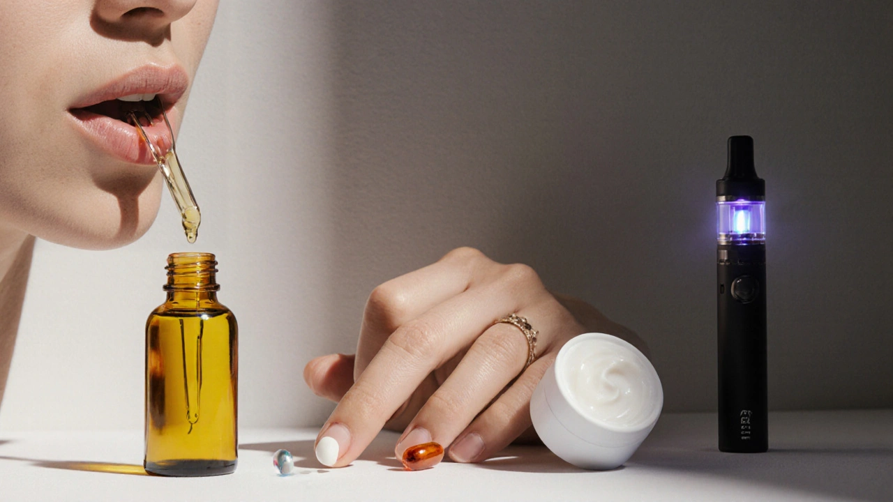 Drei sichere CBD-Anwendungsformen: Öl, Kapsel und Creme, während das Vape-Gerät im Schatten bleibt.