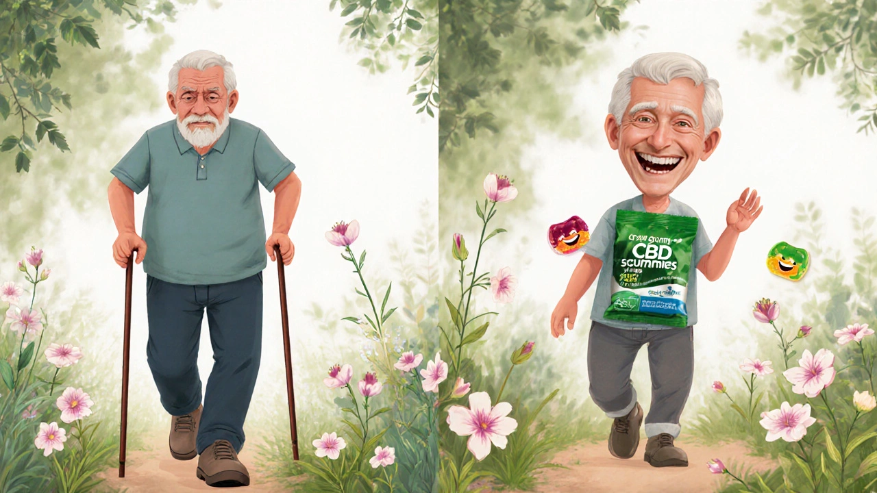 Ein älterer Mann wandert im Garten, einseitig mit Schmerzen, andererseits frei und entspannt.