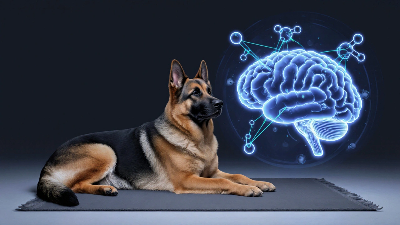 Ein Deutscher Schäferhund liegt entspannt, mit schematischer Darstellung von CBD, das Stresssignale dämpft.