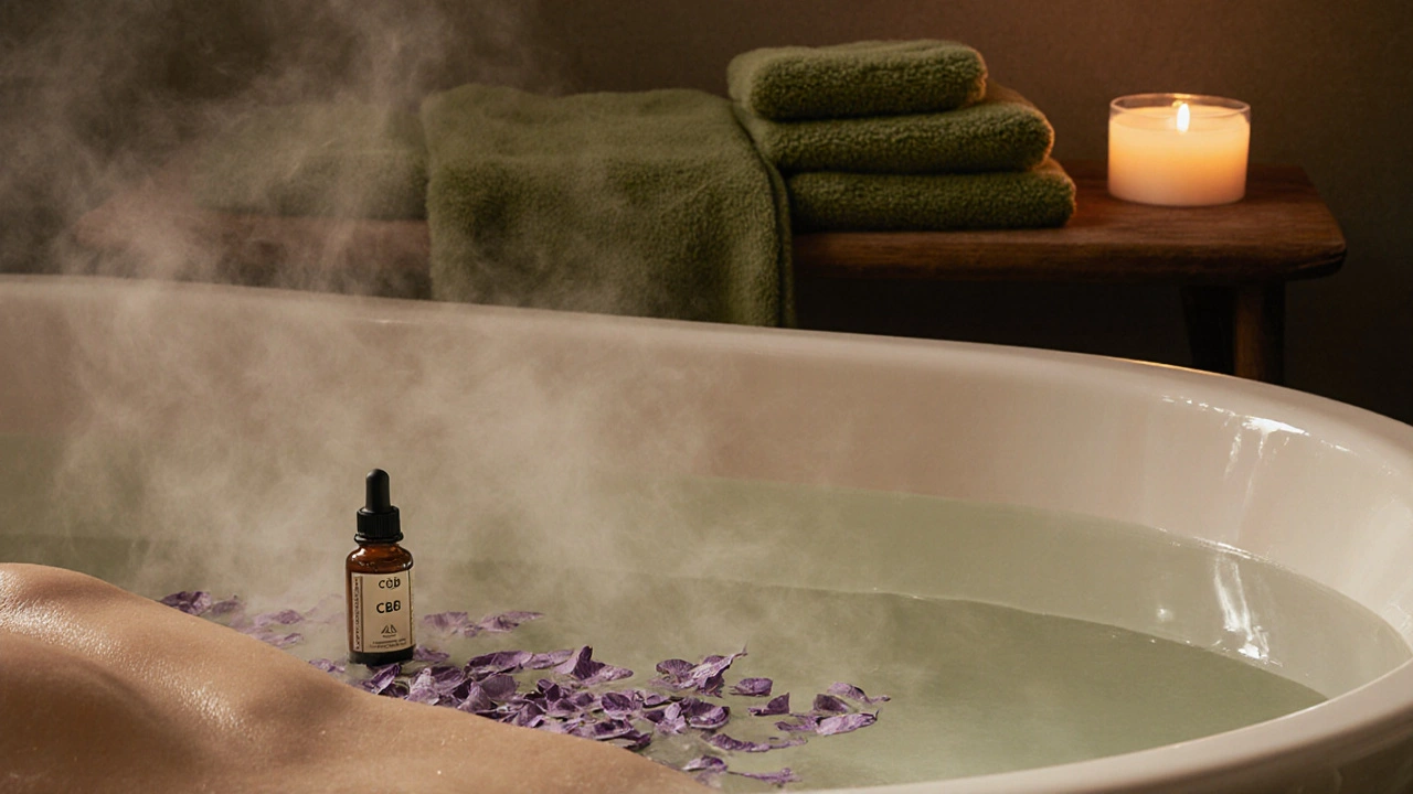Ein warmes Bad mit Lavendelblüten und CBG-Ölflasche, gedämpftes Licht und Dampf erzeugen Entspannung.