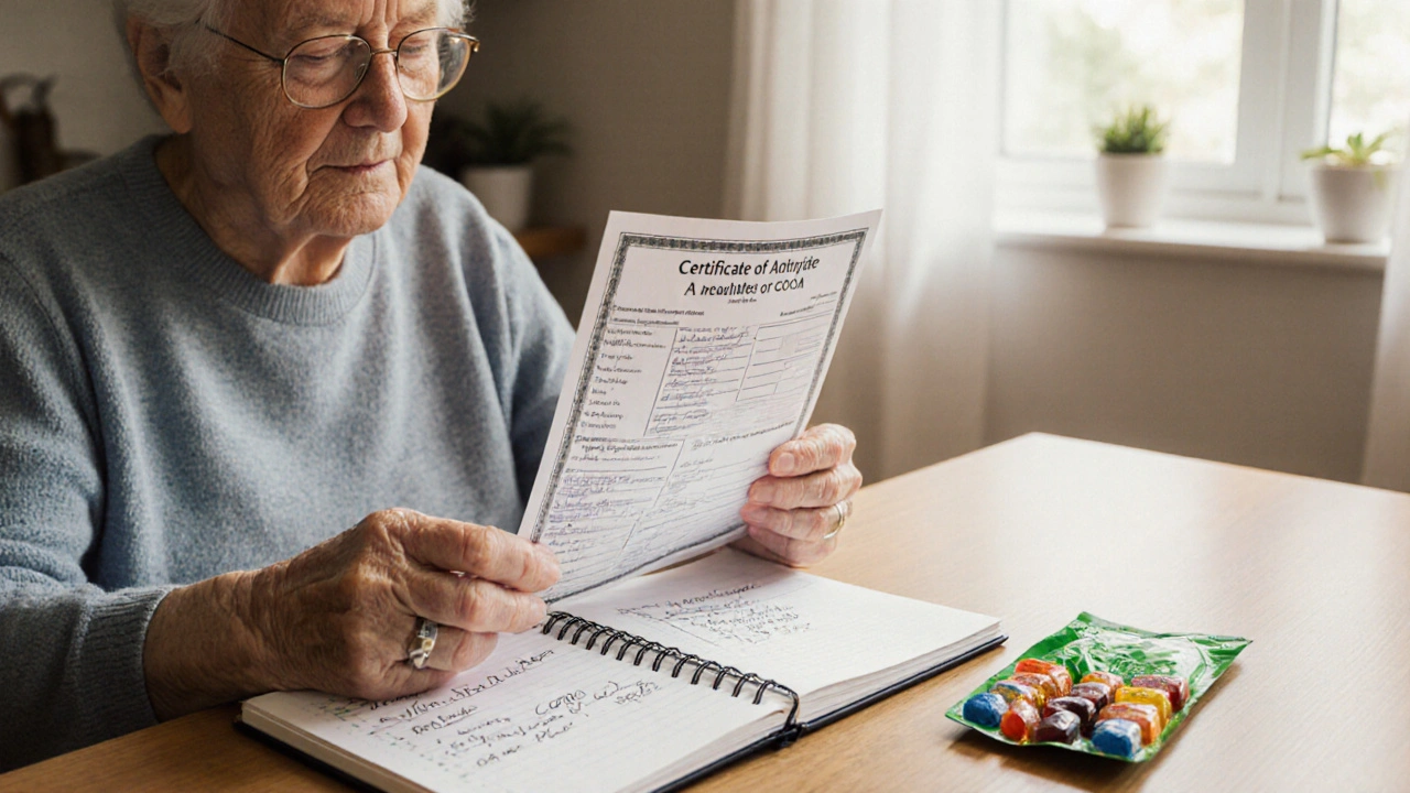 Eine ältere Frau liest einen Laborbericht zu CBD-Gummibärchen an ihrem Küchentisch.