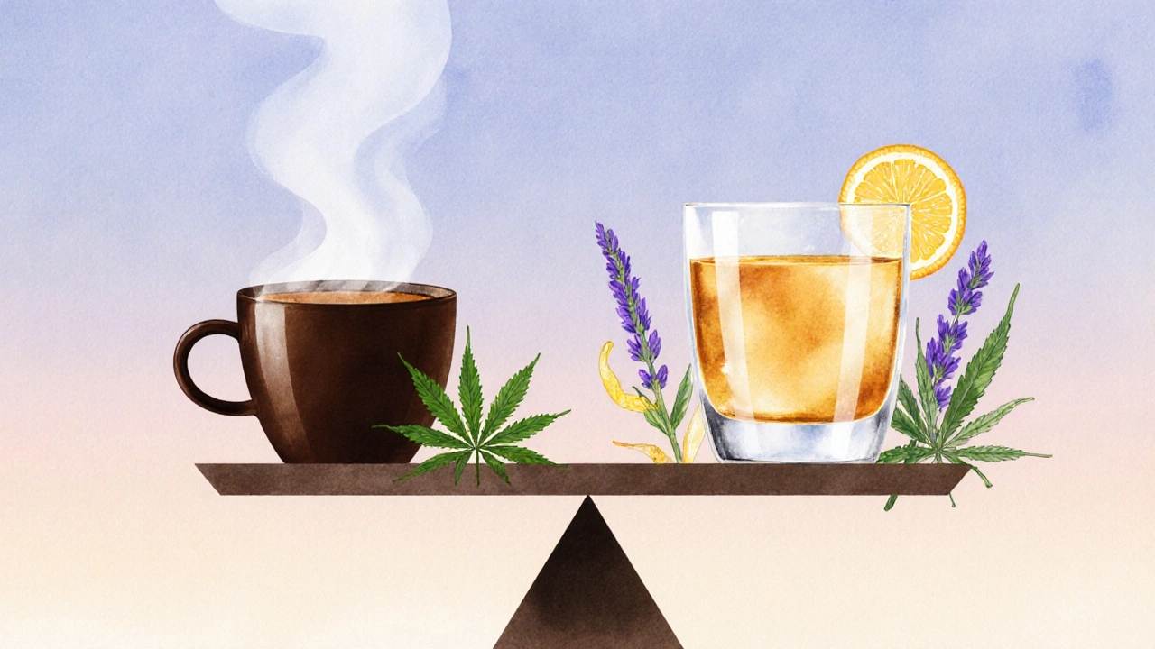 Eine Waage zeigt CBD-Getränk gegenüber Kaffee – Symbol für ruhige Alternative zum Alltagsstress.